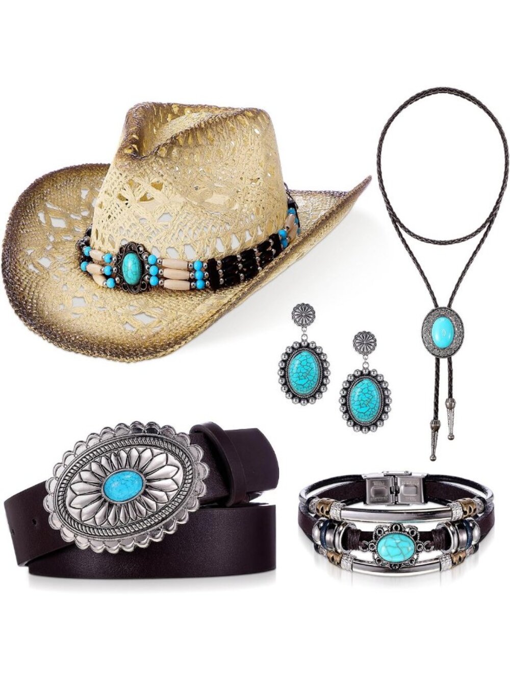 Western Cowboy Hat, Belt & Bolo Tie Jewelry Set - 5 Pcs Country Style
